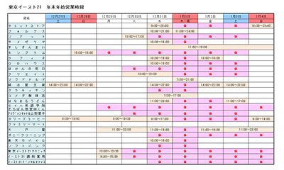 年末年始営業時間のご案内