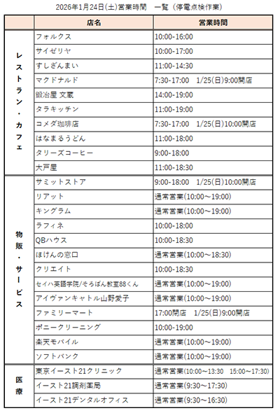 停電点検作業にともなう営業時間変更のお知らせ（2026年1月24日(土)）