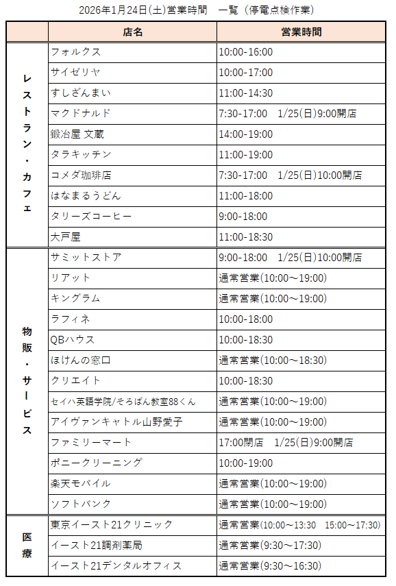 停電点検作業にともなう営業時間変更のお知らせ（2026年1月24日(土)）